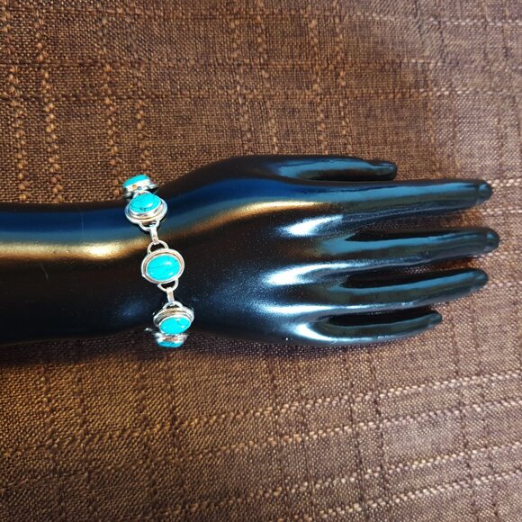 Vintage 925 Sterling Silver Genuine Black Vein Turquoise Cabochon Link Bracelet - Picture 5 of 13